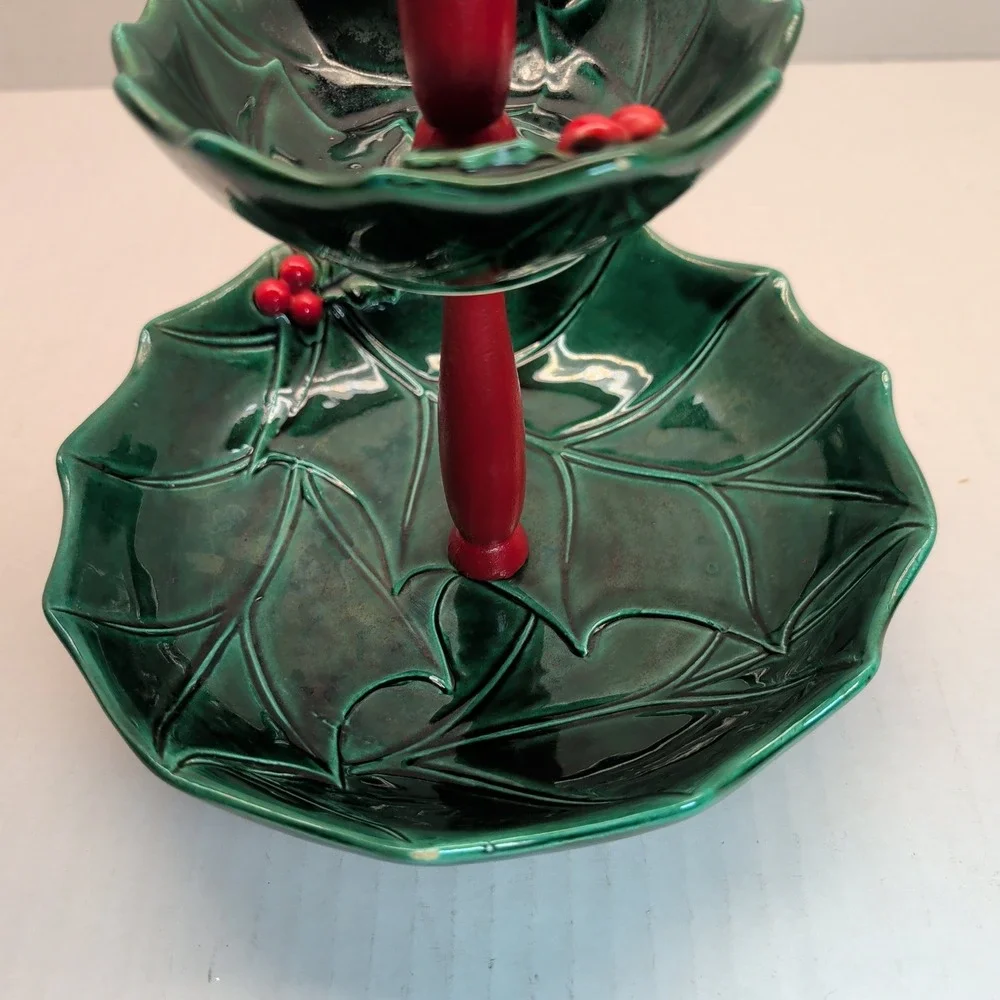 Vintage Lefton 5189 Christmas Holly Leaf 2 Tier Tidbit Tray Green Red Berries